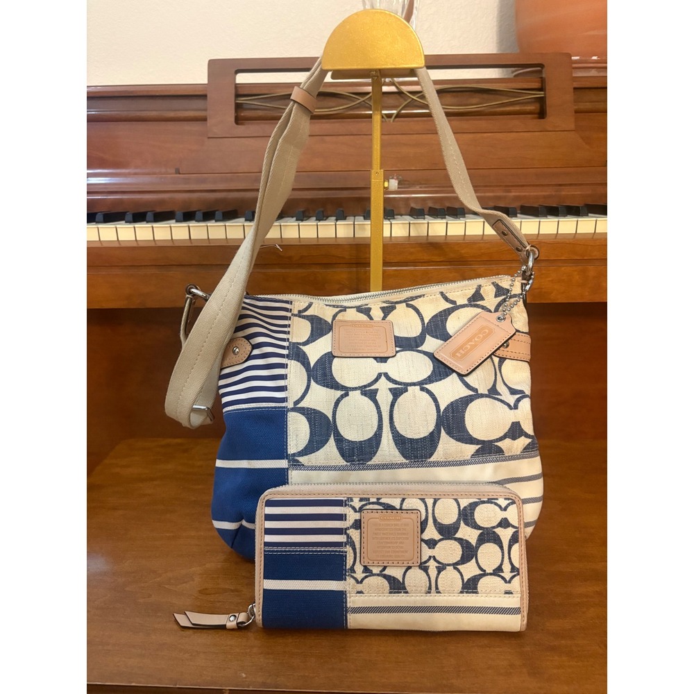 Coach Patchwork Signature‎ C Striped Crossbody Bag and Wallet Set Blue F23929
